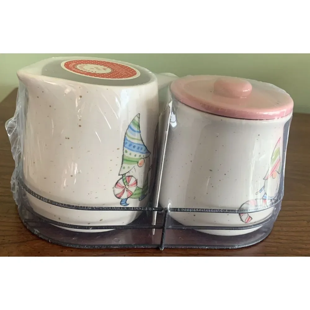 Peppermint‎ & Pine Christmas Gnome Sugar And Creamer Set With Holder New Sealed